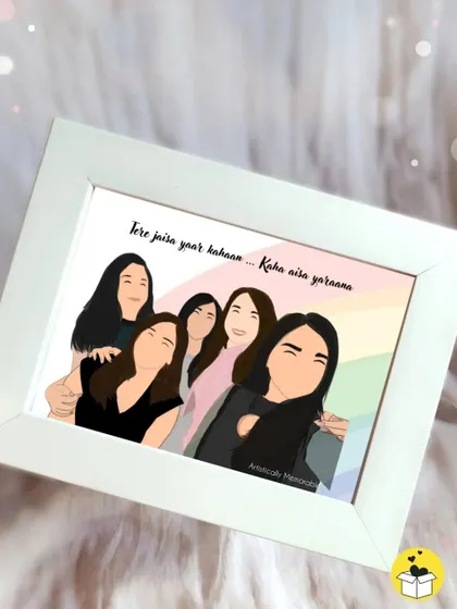 A group of friends immortalized in a custom illustration with the Hindi phrase "Tere jaisa yaar kahaan," celebrating deep friendship. This piece is set in a clean white 5x7 inch frame.