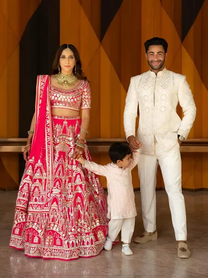 A beautiful family portrait from the Mehendi ceremony. I love creating looks that feel cohesive for the whole family, ensuring everyone looks their best for these cherished memories.