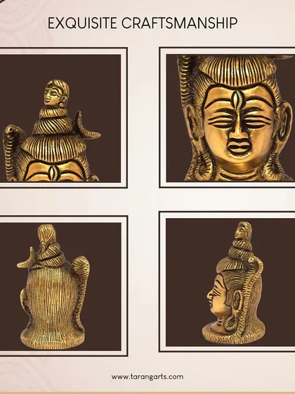 A detailed look at our brass Shiva bust from multiple angles. This piece focuses on the serene and meditative face of the Adiyogi, complete with the third eye, crescent moon, and the serpent Vasuki, capturing the essence of divine consciousness.