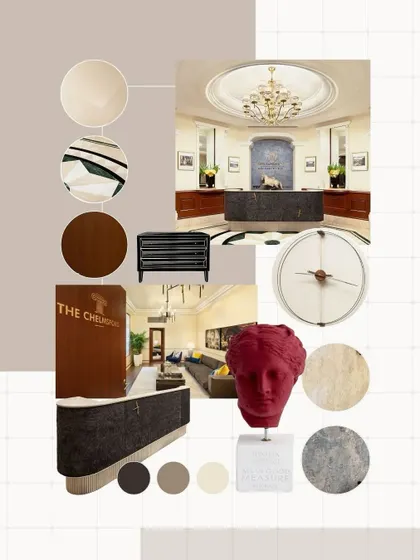 This mood board for the Godrej Experience Centre at The Imperial Hotel shows our process of blending heritage with modern luxury. The palette combines rich browns and deep reds with classic forms and textures to create a space that feels both timeless and contemporary.