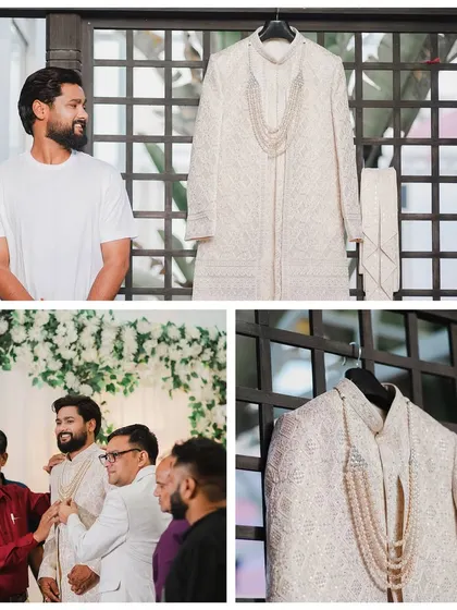 This collage shows the groom getting ready with the help of his family. It captures the behind-the-scenes moments and the details of his elegant white sherwani.