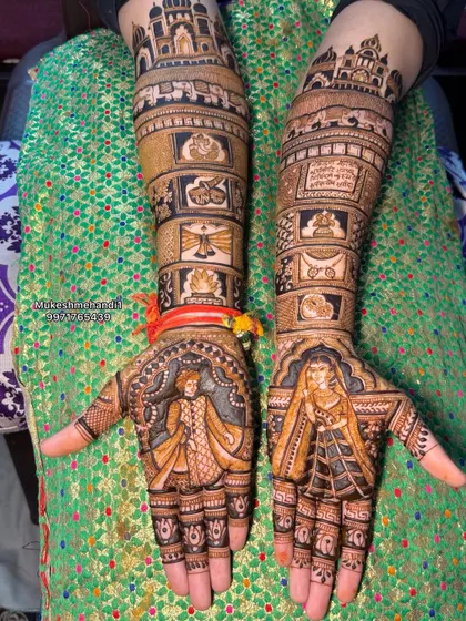 A stunning full bridal design with portraits on the palms and a story featuring auspicious symbols and palace architecture on the arms.