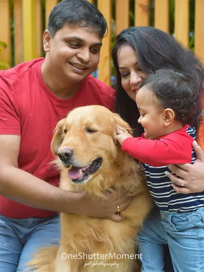 A beautiful multi-generational family portrait. It's so special when the entire family, including babies and grandparents, can come together for a photo session with their beloved Golden Retriever.