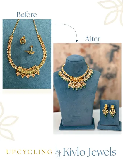 A little tweak, and a whole new piece. This before-and-after shows a simple necklace transformed with the addition of kundan, pearls, and emeralds, making it fuller and more vibrant.