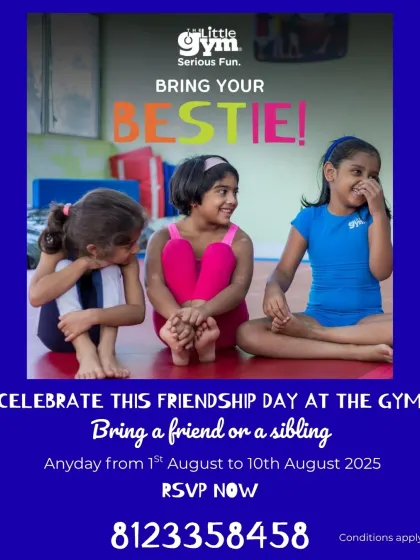 Bring your bestie. This Friendship Day poster invites kids to bring a friend or sibling for a free class to share the fun.