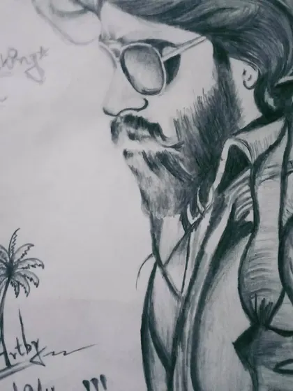 A pencil sketch of "Rocky Bhai" from the movie KGF. This is a fan art piece dedicated to the powerful persona of actor Yash.