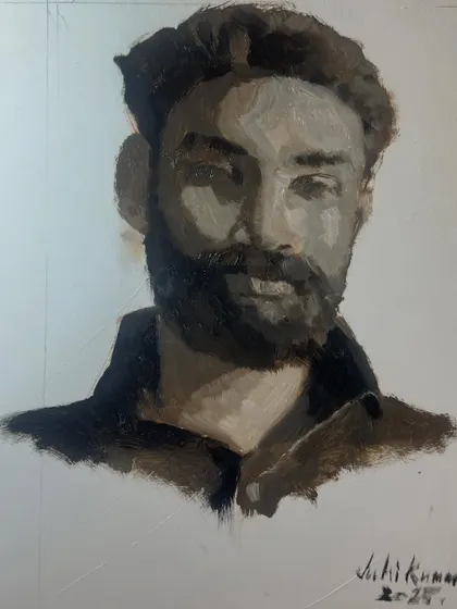 A portrait study in Grisaille (monochrome) using oil on mount board. This technique is excellent for focusing purely on value and form without the distraction of color.