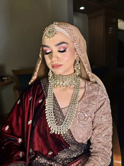 A close-up of my Walima bride's makeup. The soft pink eyeshadow and defined liner create a look that is both modern and respectful of tradition.