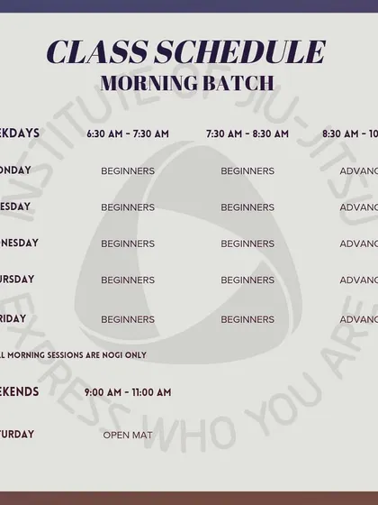Our morning schedule, with a note that all sessions are No-Gi only, focusing on beginner and advanced training blocks.