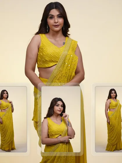 A collage of the yellow draped saree, showing how it looks from different angles. The modern silhouette and bright color make it a fun and festive choice.