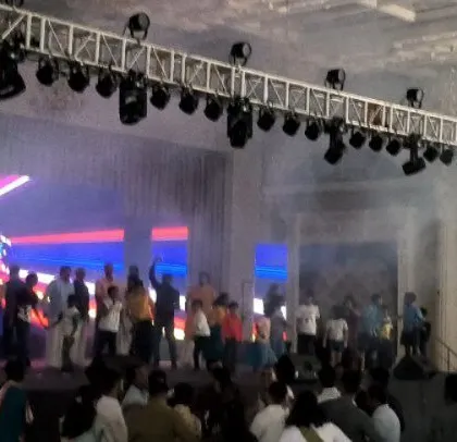 A wide view of the stage and lighting truss at the Cipla event, showcasing the scale of the production I provide.