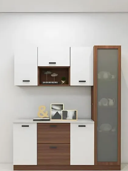 A minimalist crockery unit combining white and wood cabinets with a slim, glass-fronted display case. This compact design is ideal for smaller dining spaces in apartments.