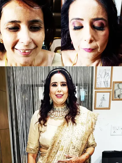 A beautiful transformation for a 25th anniversary celebration. This collage shows the process of creating a timeless and elegant look for a very special milestone.