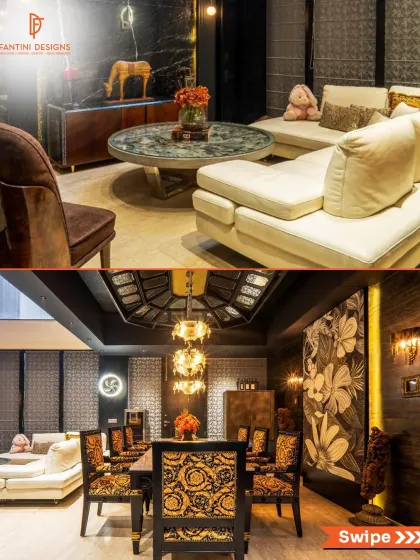Another perspective of the same luxurious project, showcasing the flow between the dining area and the comfortable L-shaped sofa in the living room. The design is perfect for entertaining.
