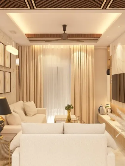 This living room view highlights the interplay of different textures, from the plush sofa to the wooden ceiling panels and sheer curtains. The layout is designed to be open and inviting, perfect for both relaxation and entertaining guests.