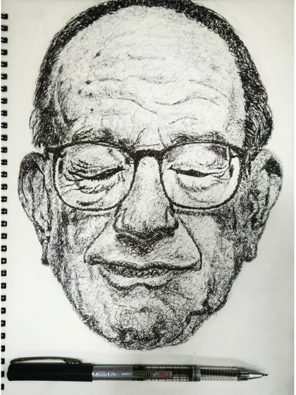 An expressive portrait created using a simple ballpoint pen and a scribbling technique. This method is spontaneous and energetic, building up tone and form through layered, chaotic lines.