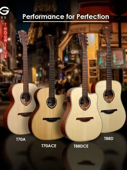A lineup of Lâg Guitars, showcasing the "Performance for Perfection" motto. We are proud authorized dealers, offering these beautifully crafted French guitars to the Bangalore community.