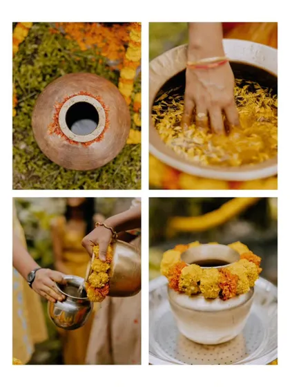 A duplicate of ID 169, this collage shows the detailed preparations for a Mangala Snaanam ceremony.