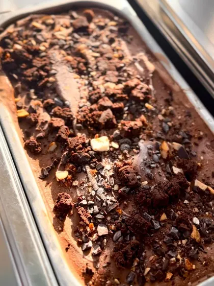 A tray of my rich, dark chocolate Rocky Road gelato, filled with nuts and other delicious textures. I make all my gelato in small batches to ensure the highest quality.