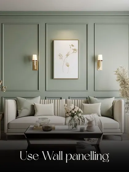 Pro tip: Use wall paneling to add architectural interest and sophistication. The molding in this sage green room adds depth and character, creating a perfect backdrop for elegant furniture and art.