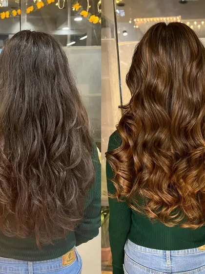 This before and after shows the power of a great color correction. We took her hair from dull and uneven to this stunning, rich soft cinnamon brown. The new color adds so much warmth, shine, and dimension.