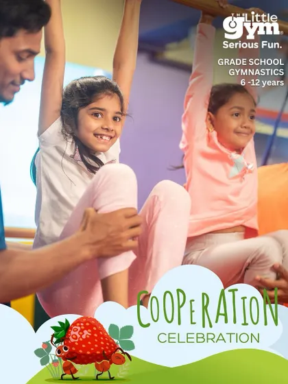 From our "Cooperation Celebration" theme, these images show grade schoolers working together on synchronized floor routines and supporting each other, building both personal and group success.