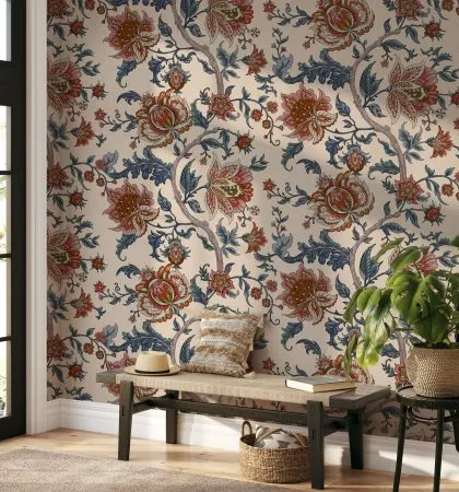 An entryway featuring our Seamless Baroque Floral Pattern wallpaper is a grand and impressive welcome. The classic design sets a tone of luxury and sophistication for the entire home.