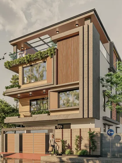 This perspective of the Hulimavu residence highlights the vertical wooden louvers and cantilevered balconies. These elements provide privacy while adding depth and texture to the contemporary facade.