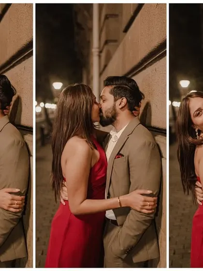 A collage of candid and laughing moments from a midnight pre-wedding shoot in Mumbai.