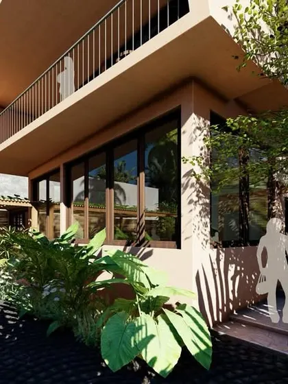 The entrance and carport of the Corgao villa concept. The design integrates lush foliage and modern architectural lines, creating a welcoming entry that immediately establishes the home's connection to nature.
