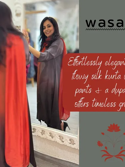 Elegance that transcends trends. Here I am in our handcrafted grey ombré silk kurta set. Paired with minimal yet impactful details, it’s a wardrobe essential for those who cherish effortless sophistication.