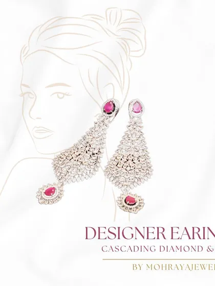 A graphic showcasing our designer earrings, featuring cascading diamonds and rubies for a glamorous touch.