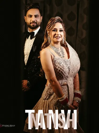 A classic portrait of the couple, with their names elegantly written over the photo.
