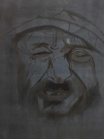 The very first step: a charcoal sketch on a dark canvas for my expressive portrait. This initial drawing is the critical foundation for the entire painting.