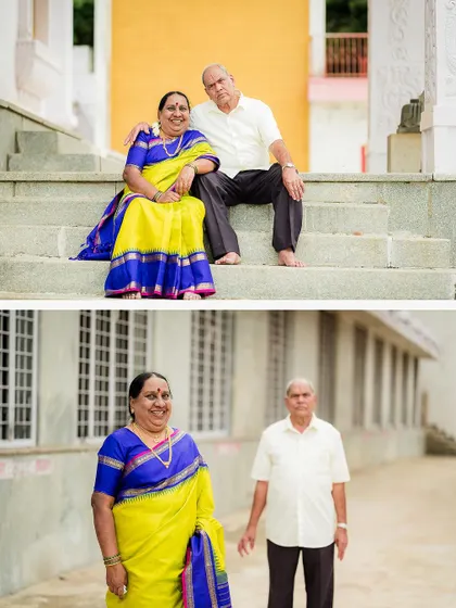 Two portraits of a couple on their 50th anniversary, seated on steps and walking together, showcasing their enduring companionship.