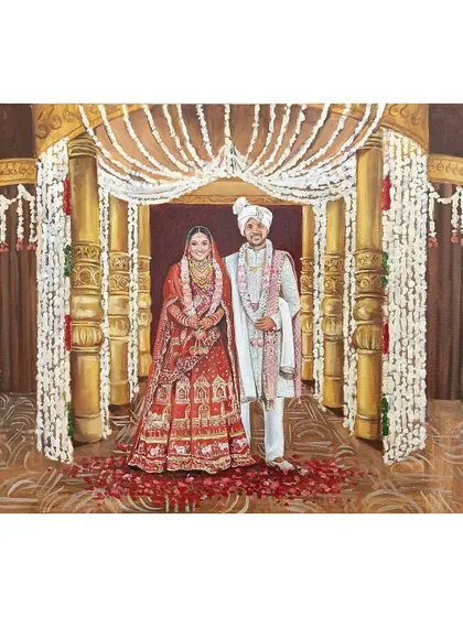 This wide-angle view of a live wedding painting in Raipur captures the grandeur of the venue. The golden pillars, floral drapes, and scattered rose petals on the floor are all immortalized on canvas.