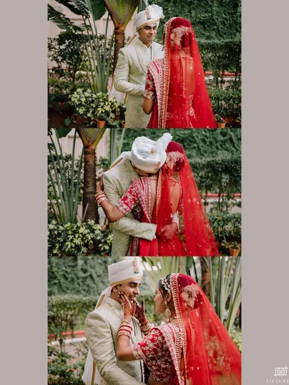 A sequence of a couple's first look, capturing the groom's reaction and their subsequent tender moments and embraces in a garden.