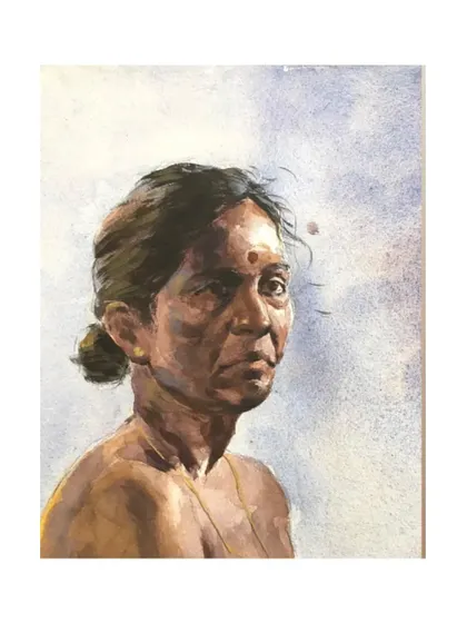 A watercolour portrait sketch of a female model, focusing on her expression and the subtle shifts in skin tone.