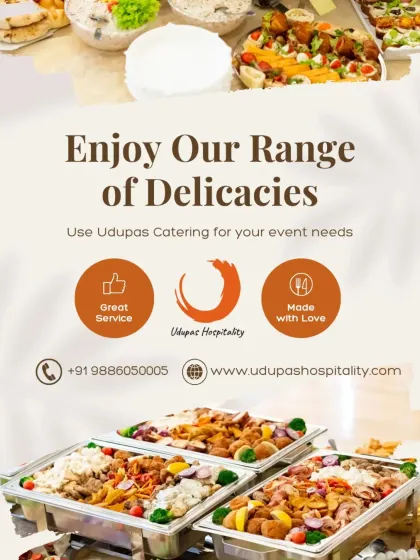 Enjoy our wide range of delicacies, made with love and served with excellence. This collage highlights our buffet spreads, from hot dishes in chafing pans to fresh salads, perfect for any event.