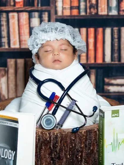 This sleeping newborn is already preparing for his medical career, wrapped snugly with a stethoscope and surgical cap.
