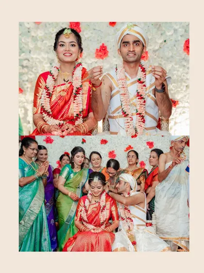 A collage of beautiful moments from the wedding ceremony, showcasing the couple's happiness and the traditional rituals.