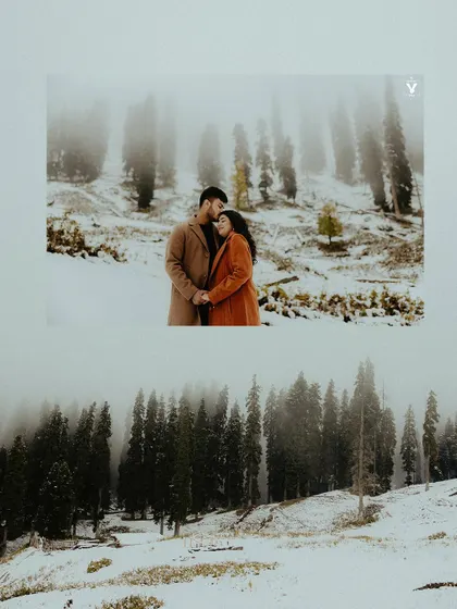 A collage that layers a romantic portrait of a couple in the snow over a vast, misty mountain landscape, emphasizing the epic feel of their destination shoot.
