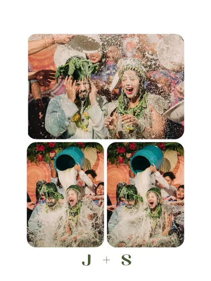 A collage capturing the messy, happy moments of a Haldi celebration. I ensure the setup and planning allow for these spontaneous and memorable interactions.