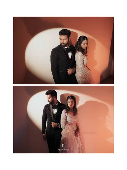A diptych of the couple posing with dramatic spotlighting, creating a cinematic feel.