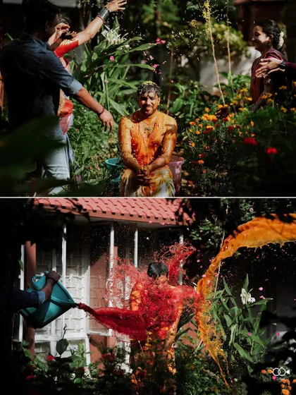 A dynamic diptych showing the groom being showered with petals and then splashed with colorful water.