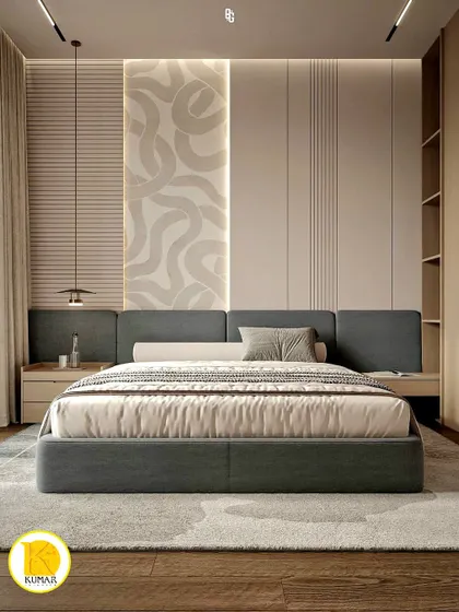 A frontal view of the bed, highlighting the combination of different textures and patterns on the accent wall.