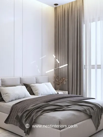 This minimalist 3D bedroom design uses clean white wall panels and soft, layered bedding to create a serene and uncluttered sanctuary. The modern lighting adds a sculptural element.