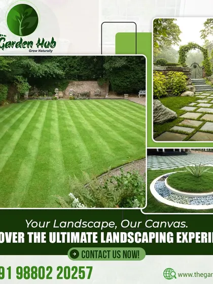 Your landscape is our canvas. This collage shows different lawn and pathway designs, from striped mowing patterns to circular garden beds.