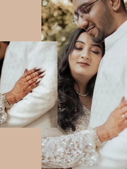 An artistic and intimate collage from an engagement shoot, focusing on the bride's hand on her partner's chest and a tender embrace.