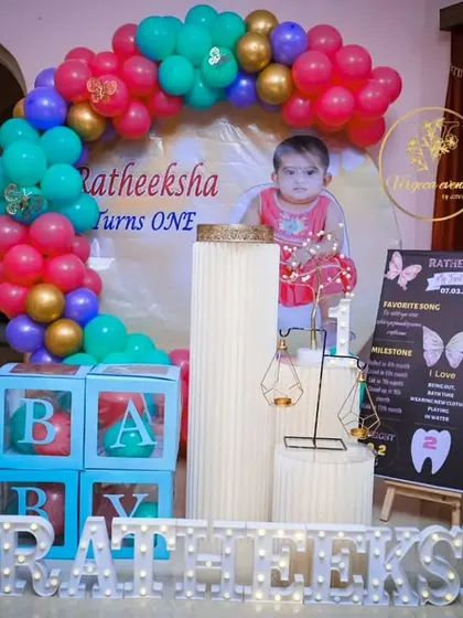 A vibrant first birthday party with a mix of teal, pink, and gold balloons and a personalized milestone board.